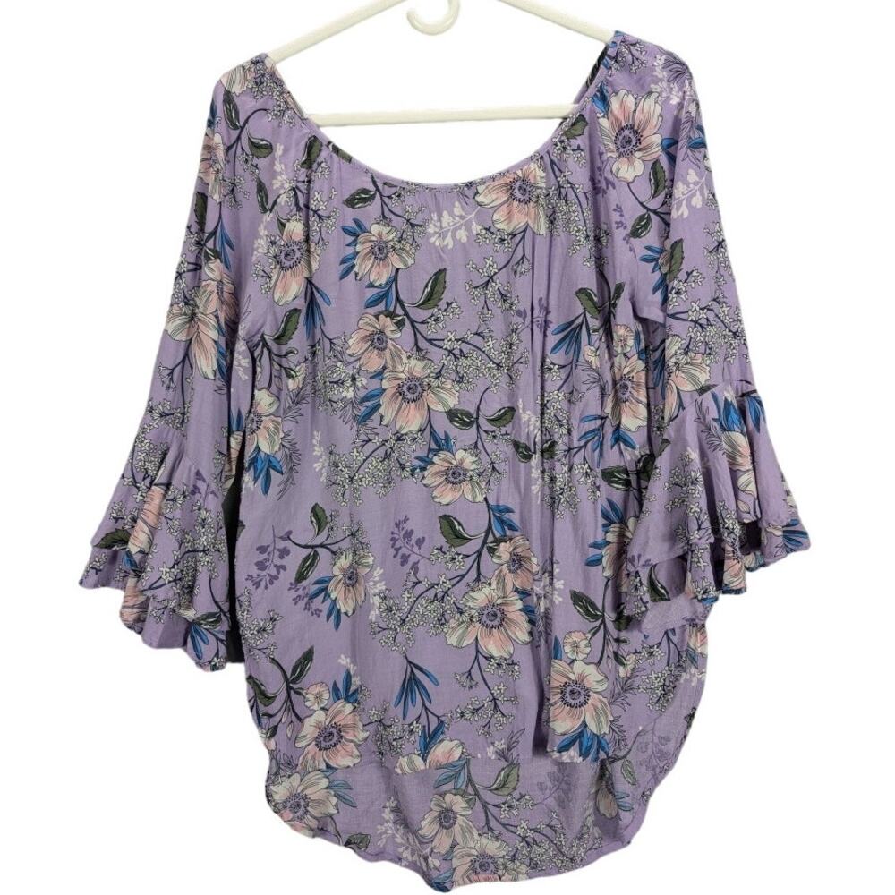 Cupio Shirt Womens Medium Tunic half bell sleeves Purple Floral Flowy Boho Fairy